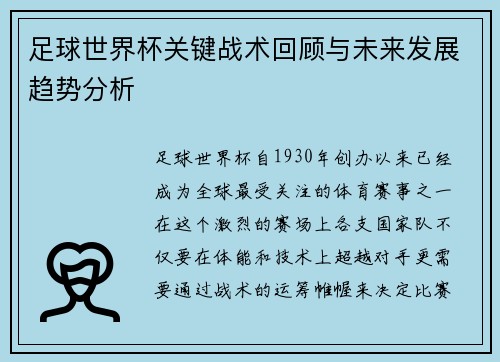 足球世界杯关键战术回顾与未来发展趋势分析