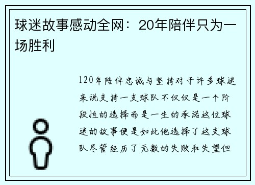 球迷故事感动全网：20年陪伴只为一场胜利