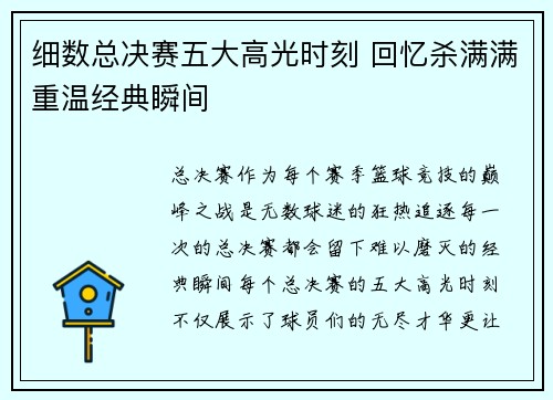 细数总决赛五大高光时刻 回忆杀满满重温经典瞬间