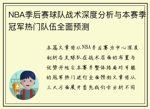 NBA季后赛球队战术深度分析与本赛季冠军热门队伍全面预测
